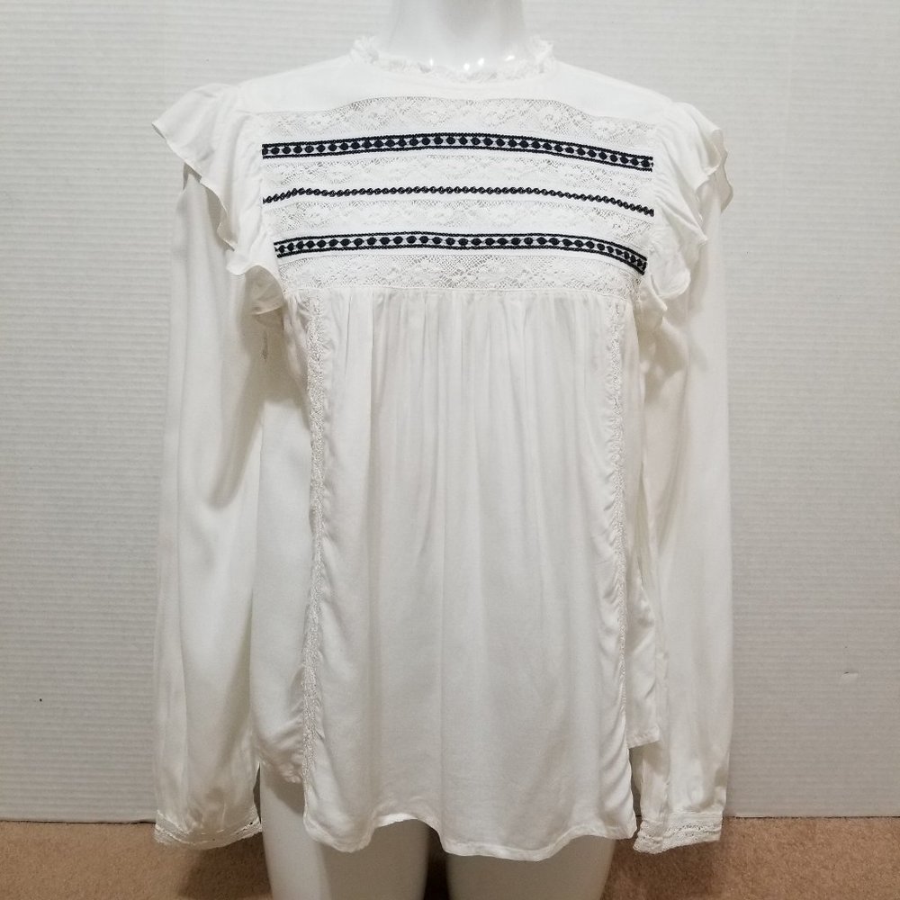H&M top 4 XS floral lace trim inset embroidered keyhole ruffle pintuck